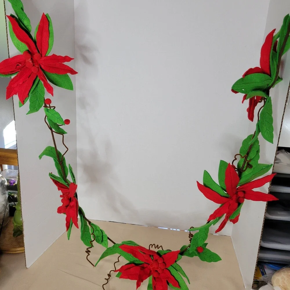 Red Felt Poinsettia Christmas Garland Holiday Mantel Decor Floral Vine 6ft